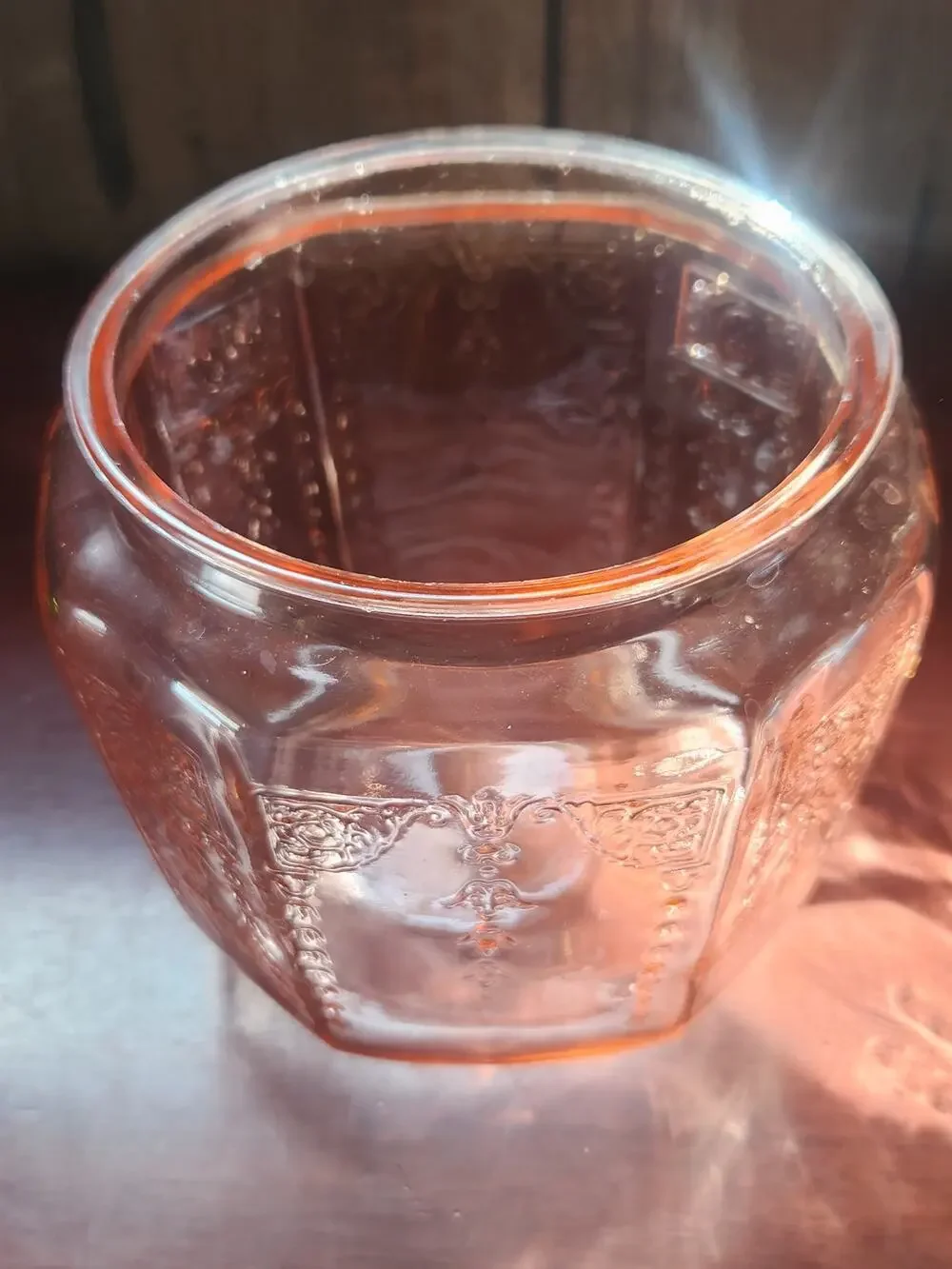 Vintage Pink Depression Glass Paneled Cookie Jar No Lid,